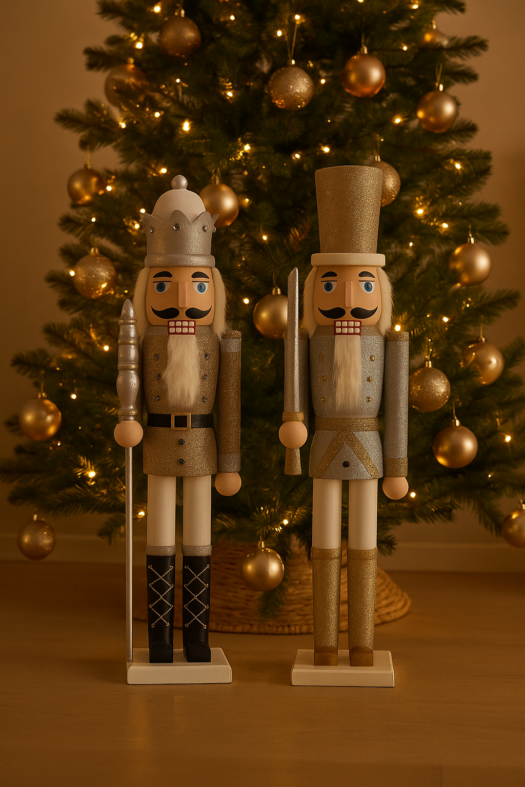 Klassisk nøtteknekker i gull og sølv glitter 60 cm